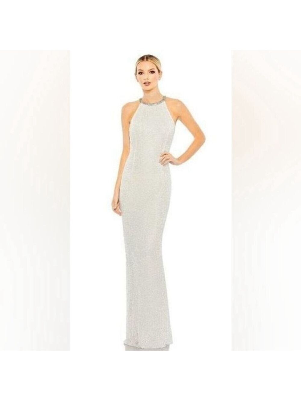 Mac Duggal Beaded Sleeveless High Neck Column Gown in White Size 8